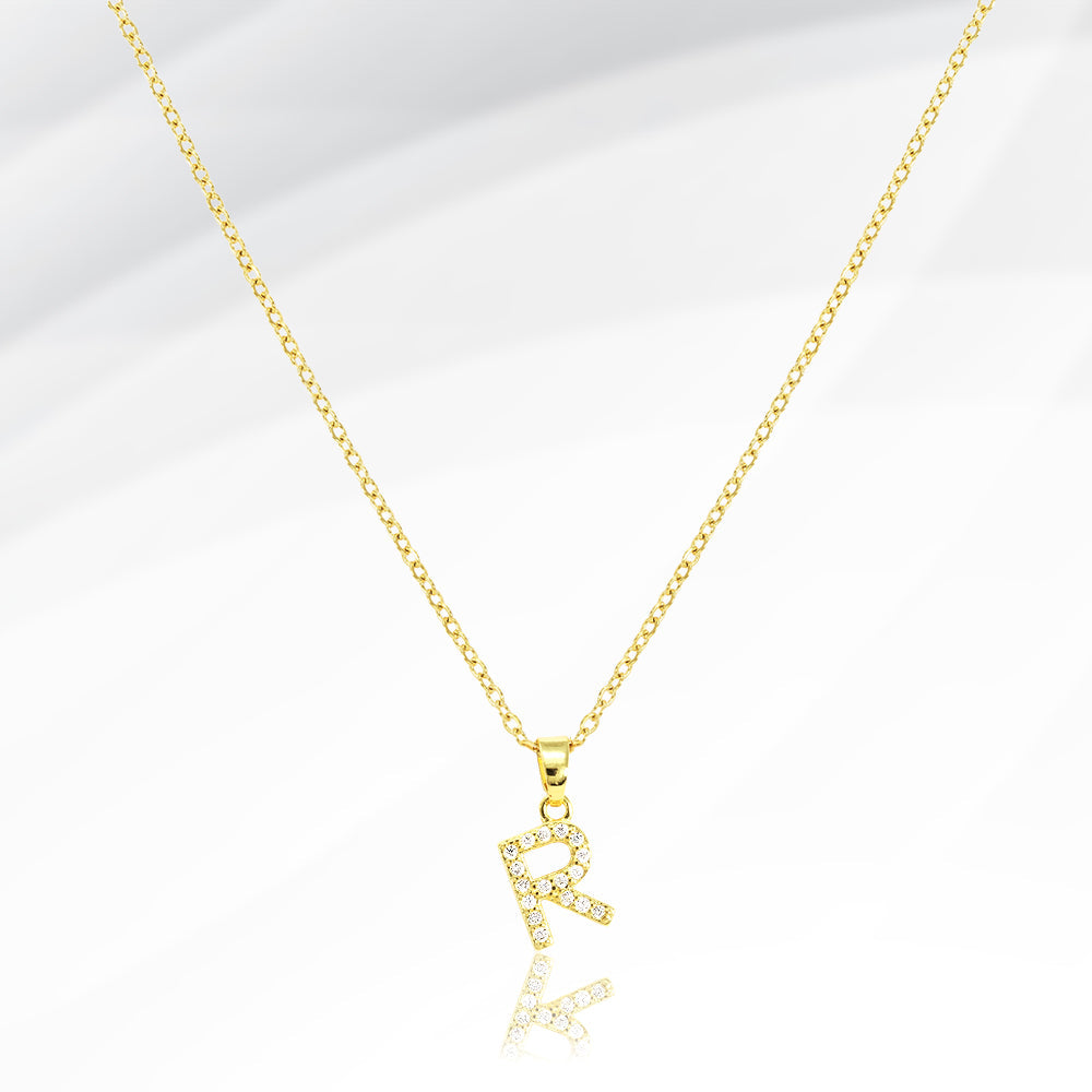 -R- Stainless Steel CZ Stone Paved Initial Monogram Pendant Necklace