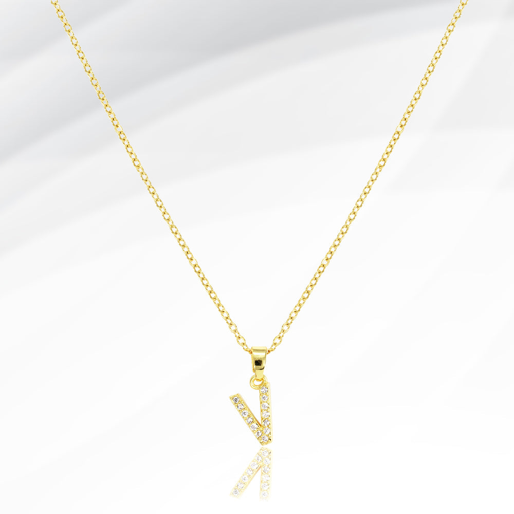 -V- Stainless Steel CZ Stone Paved Initial Monogram Pendant Necklace