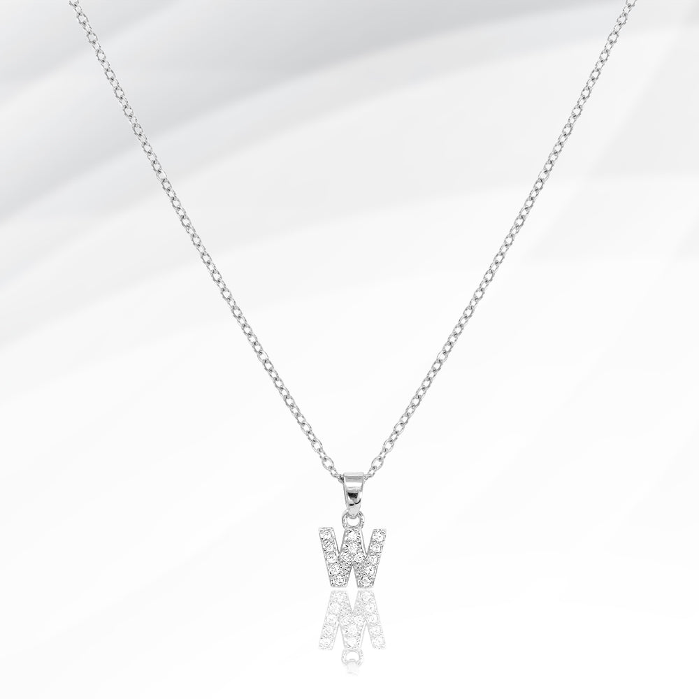 -W- Stainless Steel CZ Stone Paved Initial Monogram Pendant Necklace