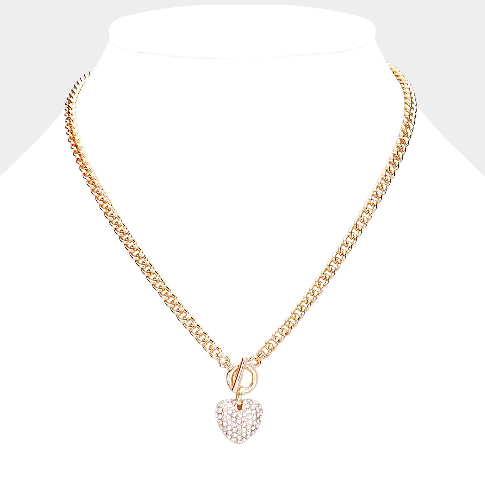 Crystal Rhinestone Pave Heart Pendant Toggle Necklace