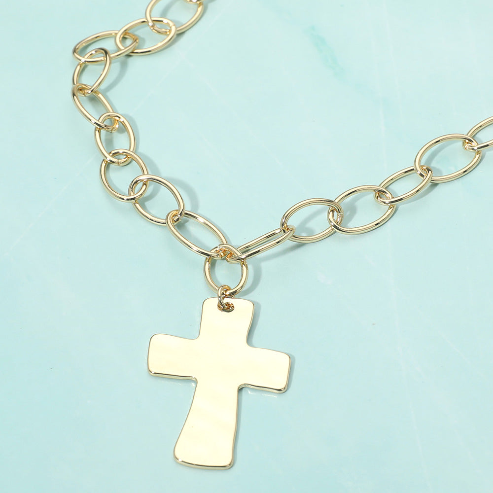 18K Gold Dipped Chunky Cross Pendant Oval Link Chain Statement Necklace