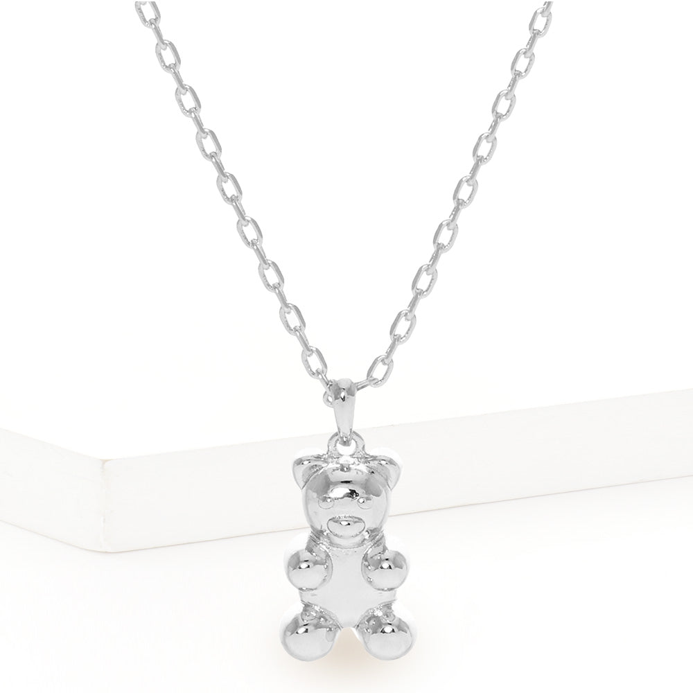 White Gold Dipped Metal Bear Pendant Necklace