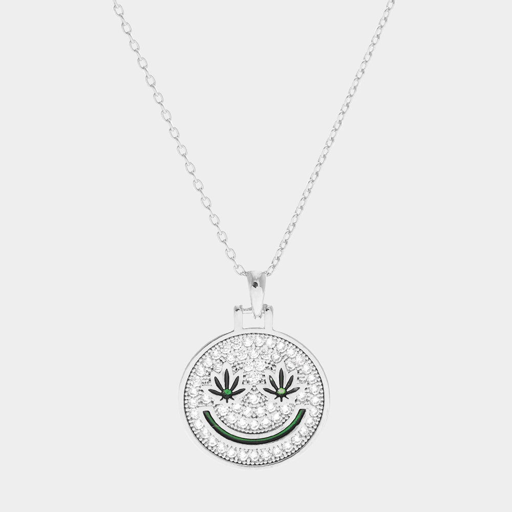 White Gold Dipped Hemp Leaf Pointed CZ Smile Pendant Necklace