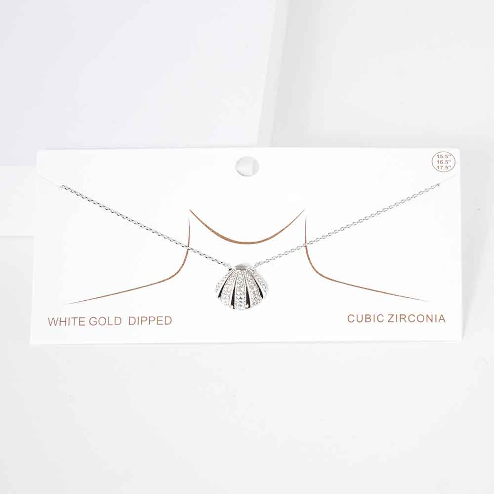 White Gold Dipped CZ Embellished Metal Shell Pendant Necklace