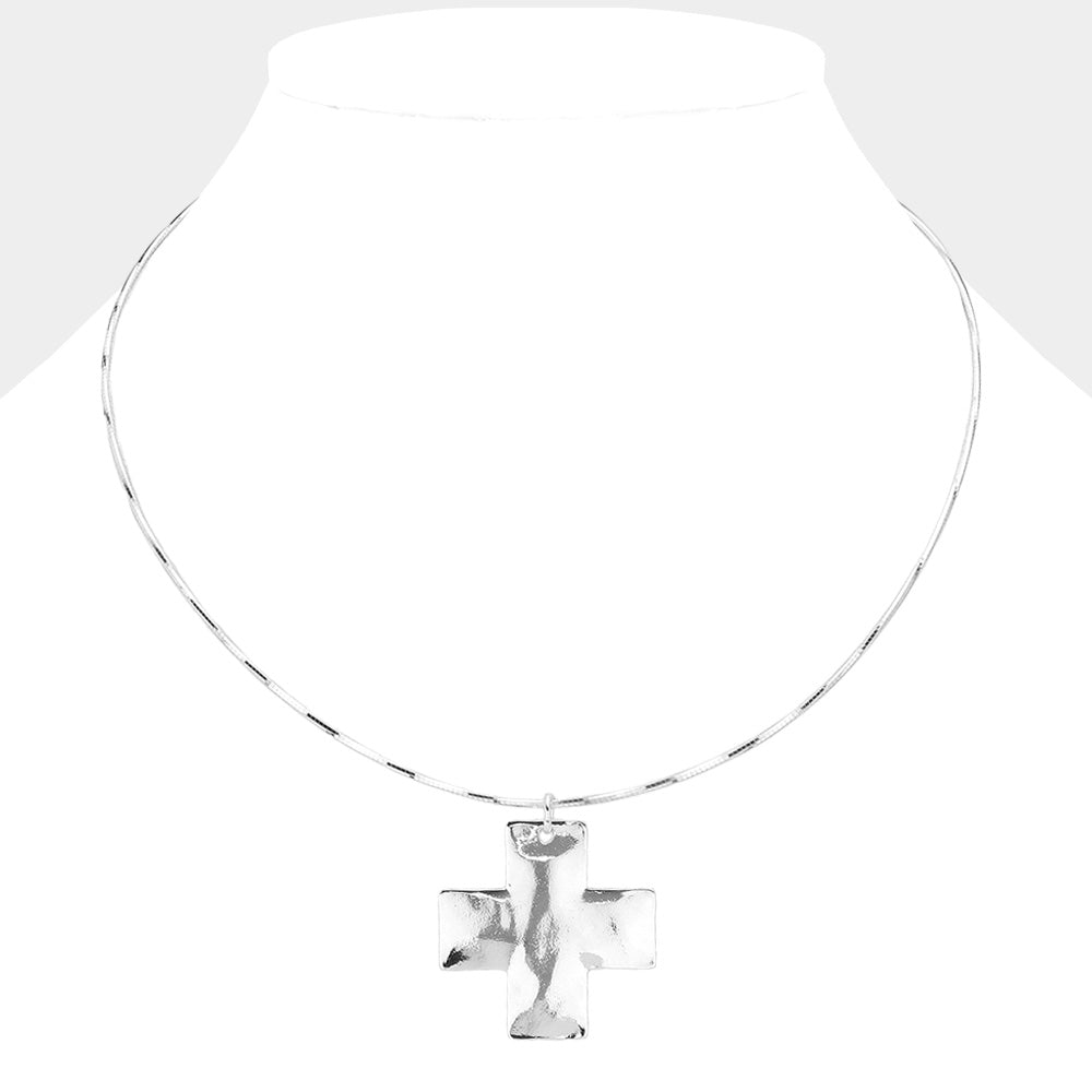 Hammered Metal Cross Pendant Necklace