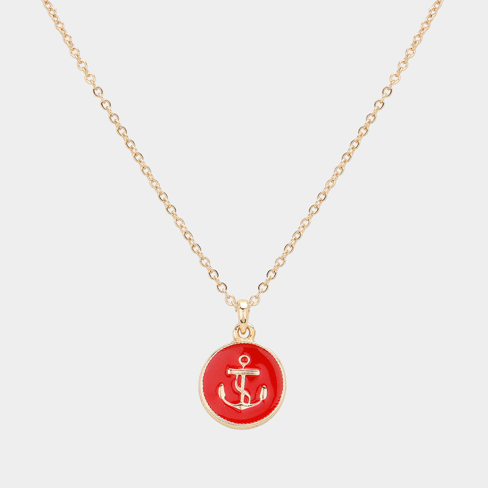 Enamel Anchor Disc Pendant Necklace
