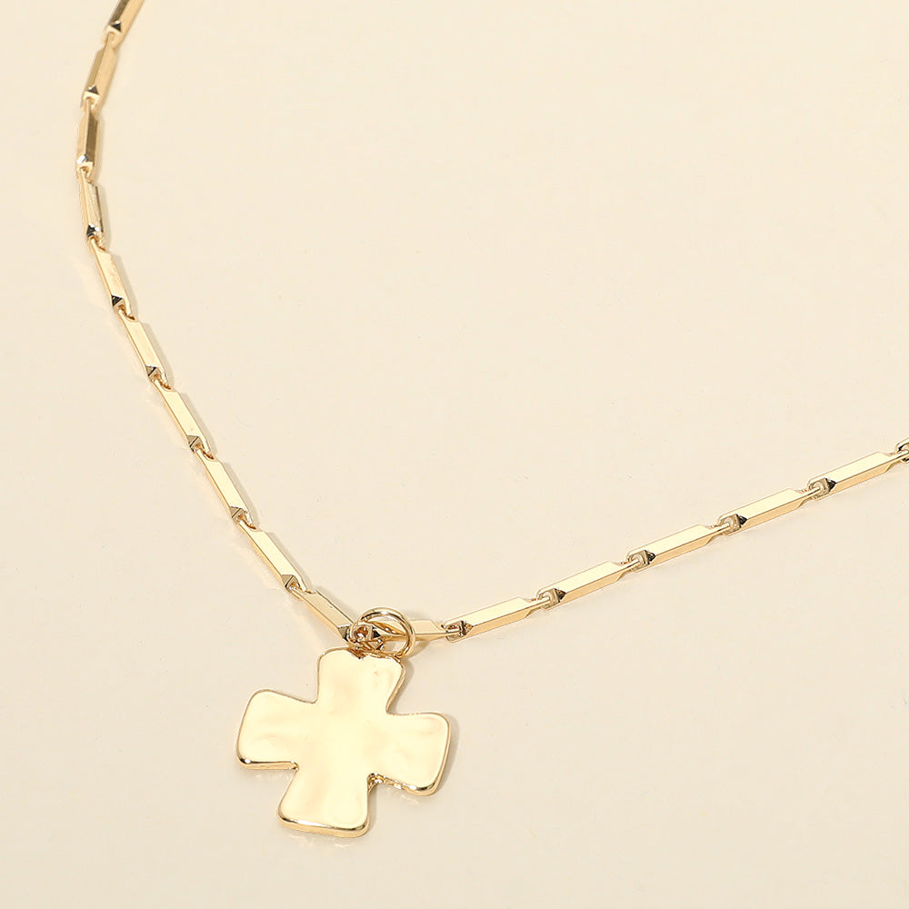 Hammered Metal Cross Pendant Bar Link Chain Necklace