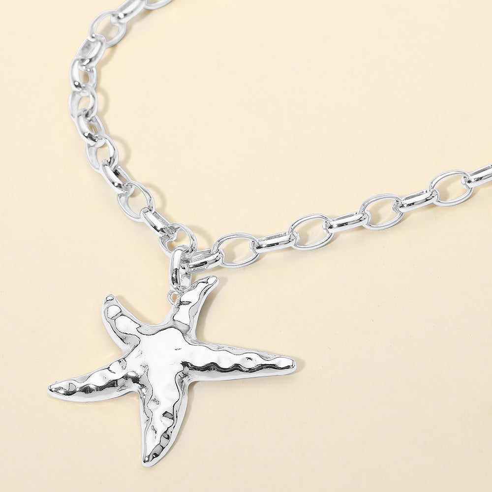 Hammered Metal Starfish Pendant Chunky Chain Necklace