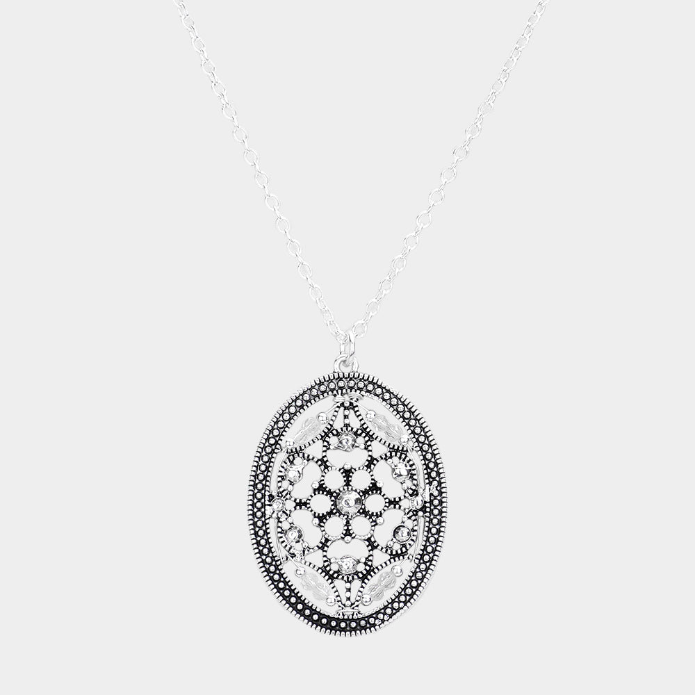 Bead Embellished Antique Metal Oval Pendant Necklace