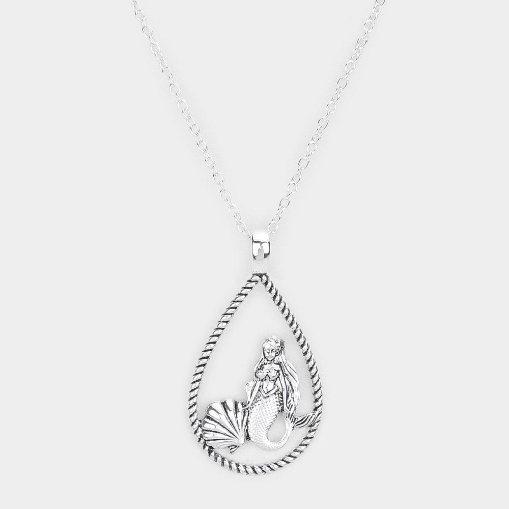 Mermaid Shell Accented Open Teardrop Pendant Necklace