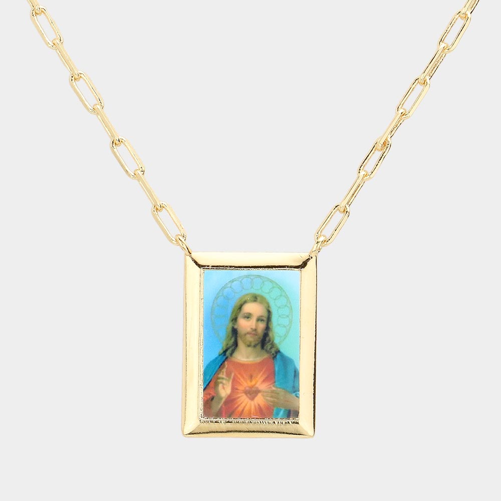 Gold Dipped Brass Metal Sacred Heart of Jesus Pendant Necklace