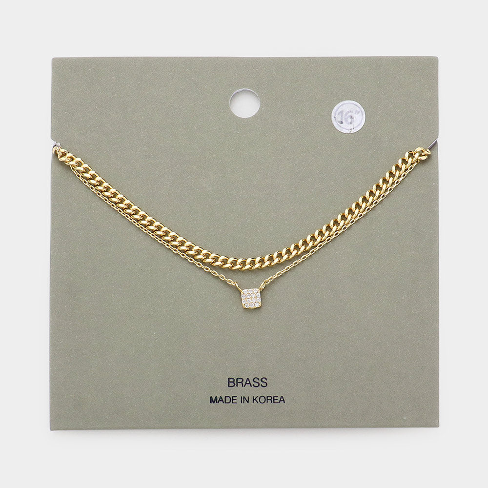 Stone Paved Square Pendant Double Layered Necklace