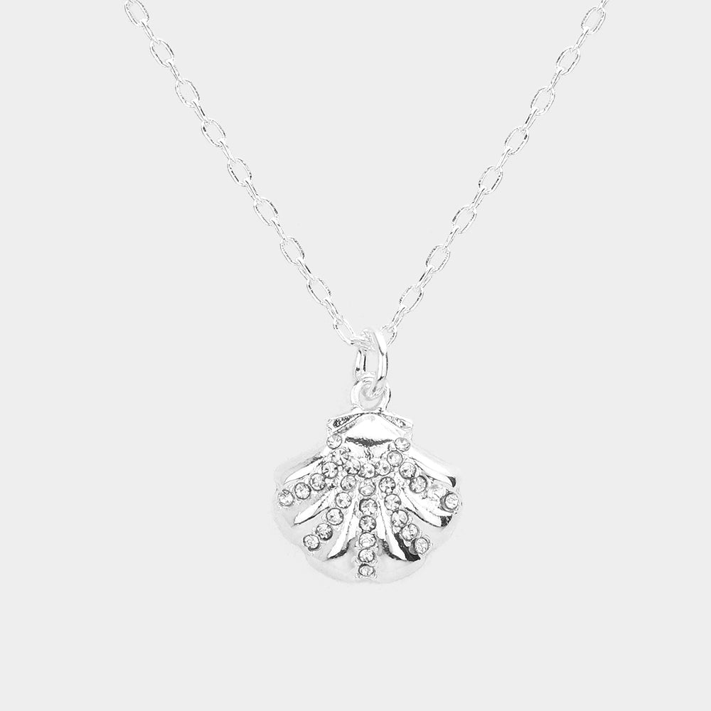 Rhinestone Embellished Metal Shell Pendant Necklace