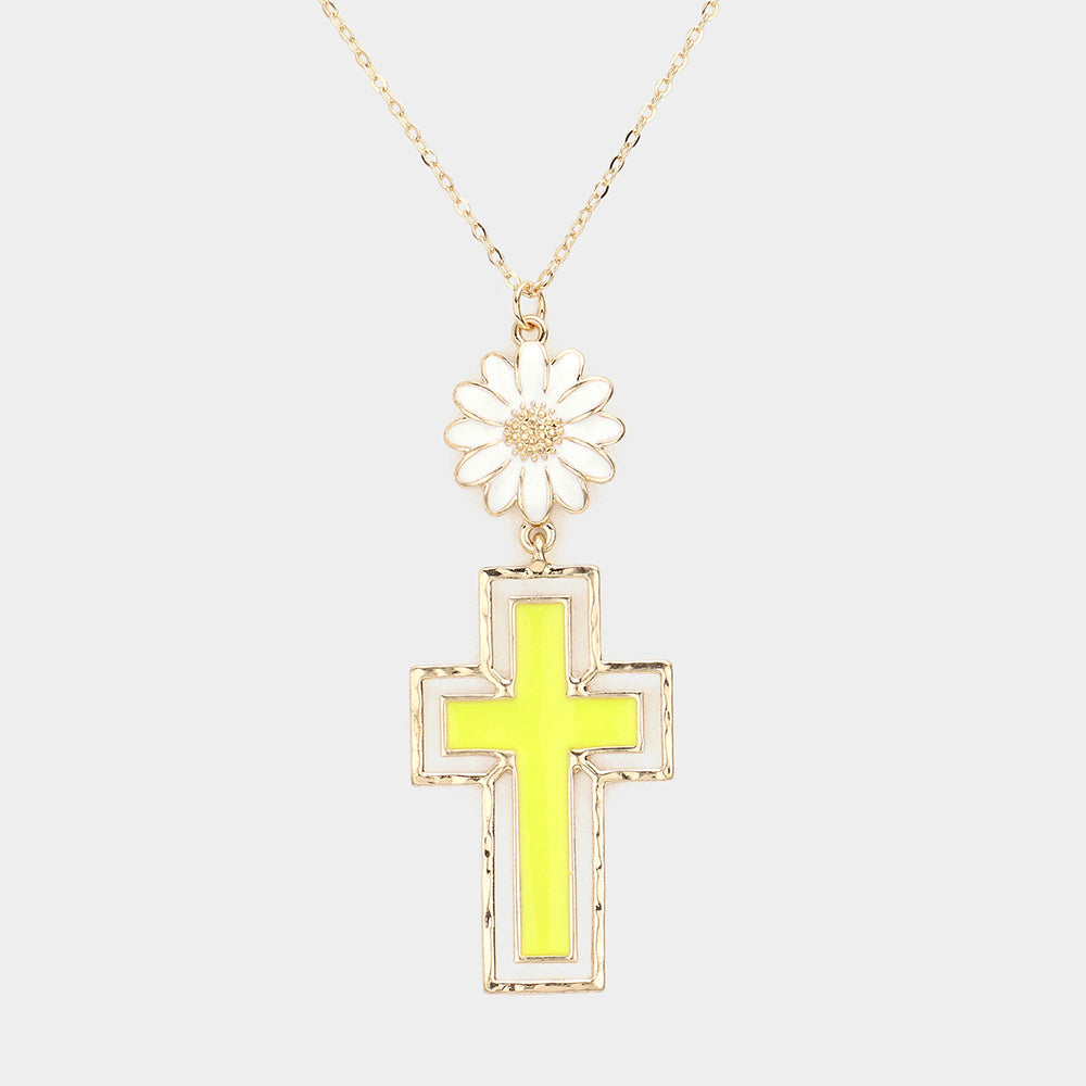 Daisy Flower Cross Link Pendant Necklace