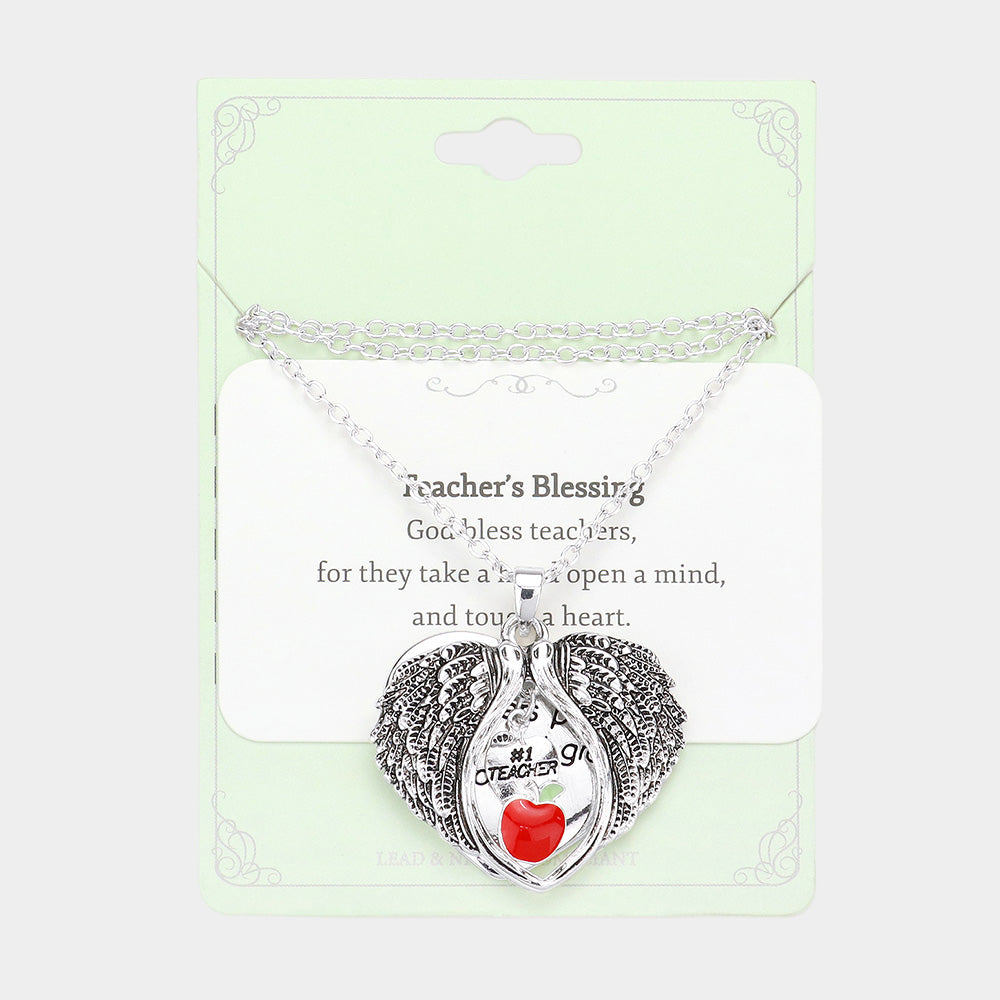 Bendición para la Maestra No.1 Mensaje para la Maestra Collar con colgante de alas de ángel puntiagudas de manzana esmaltada