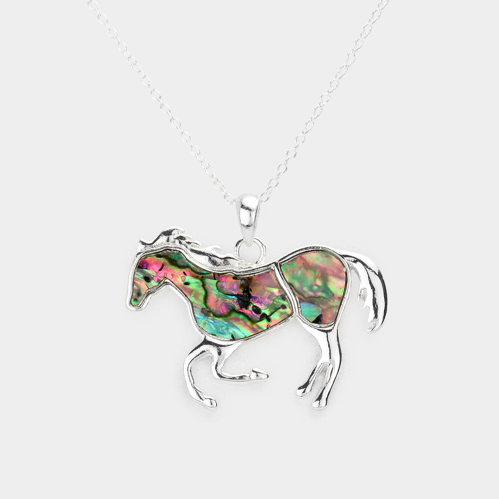 Abalone Embossed Metal Horse Pendant Necklace
