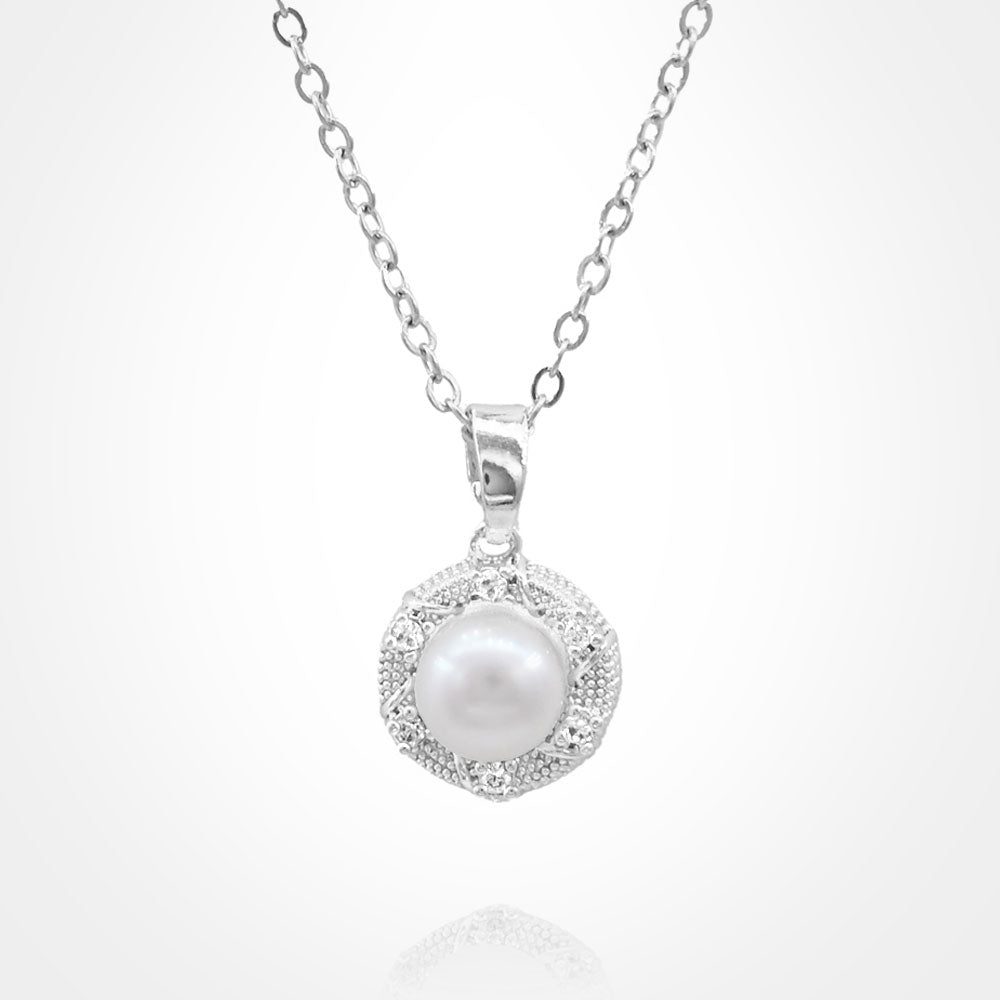Stainless Steel CZ Stone Rim Pearl Pendant Necklace