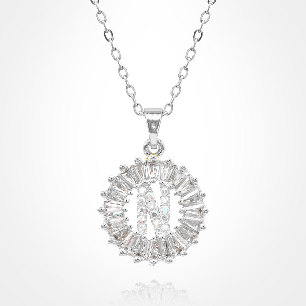-N- Stainless Steel CZ Stone Embellished Round Initial Monogram Pendant Necklace