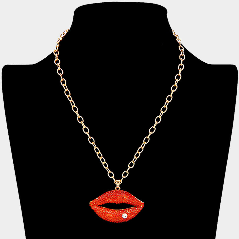 Rhinestone Paved Lip Pendant Necklace