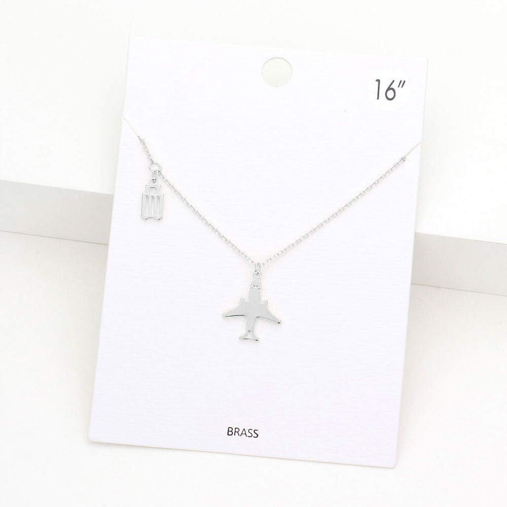 Brass Metal Airplane Suitcase Pendant Necklace