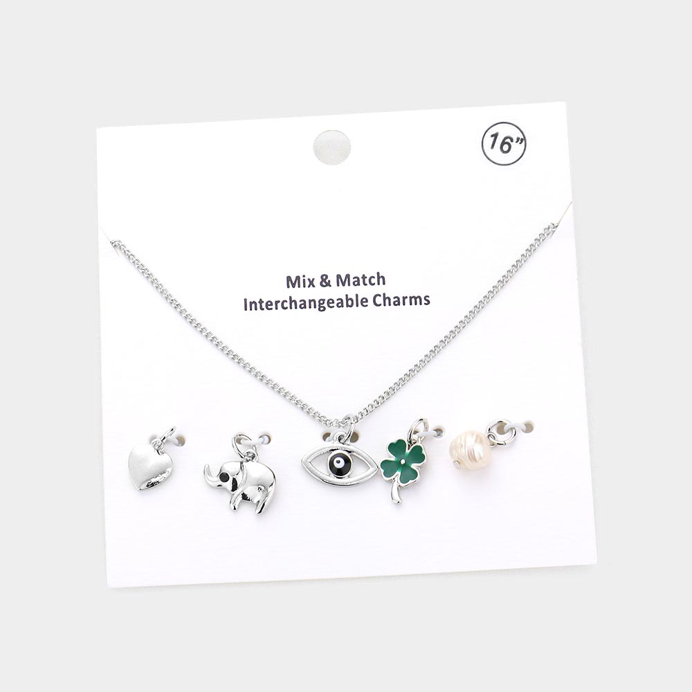 Heart Elephant Evil Eye Clover Freshwater Pearl Interchangeable Pendant Necklace