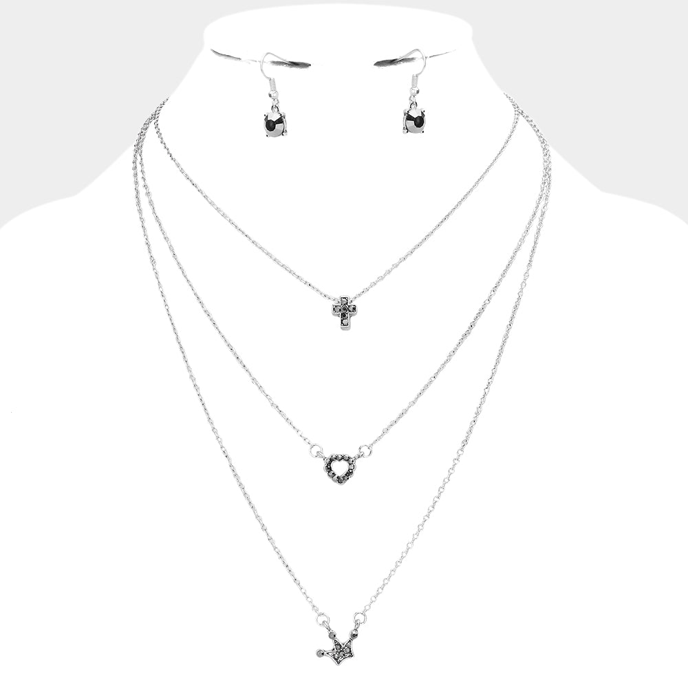 Triple Layer Stone Cross Heart Pendant Necklace