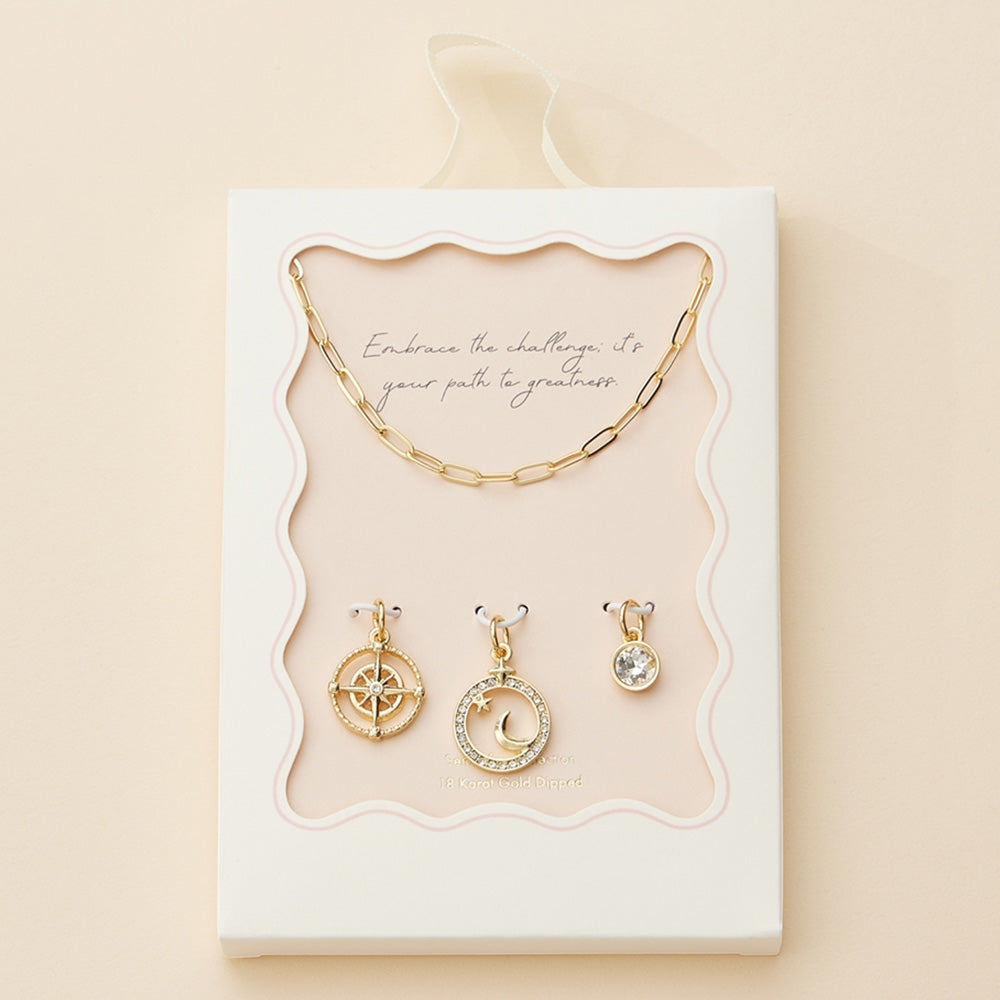 Semi Fine Collection - 18K Gold Dipped Brass Metal Stone Paved Star Moon Compass Stone Charm Pendant Paperclip Chain Necklace