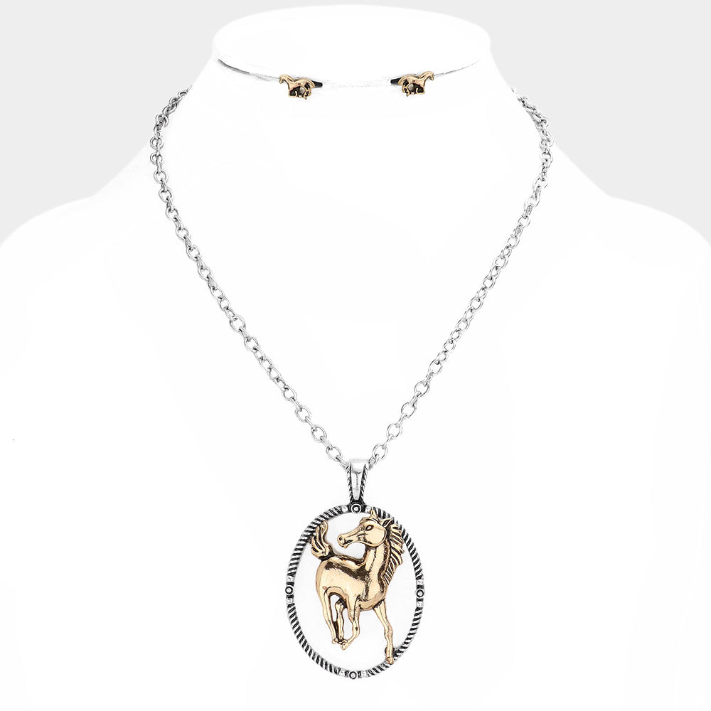 Antique Metal Horse Pendant Necklace