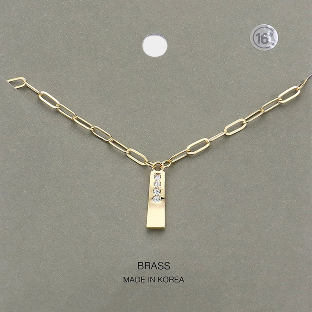 Brass Metal Stone Paved Bar Pendant Necklace