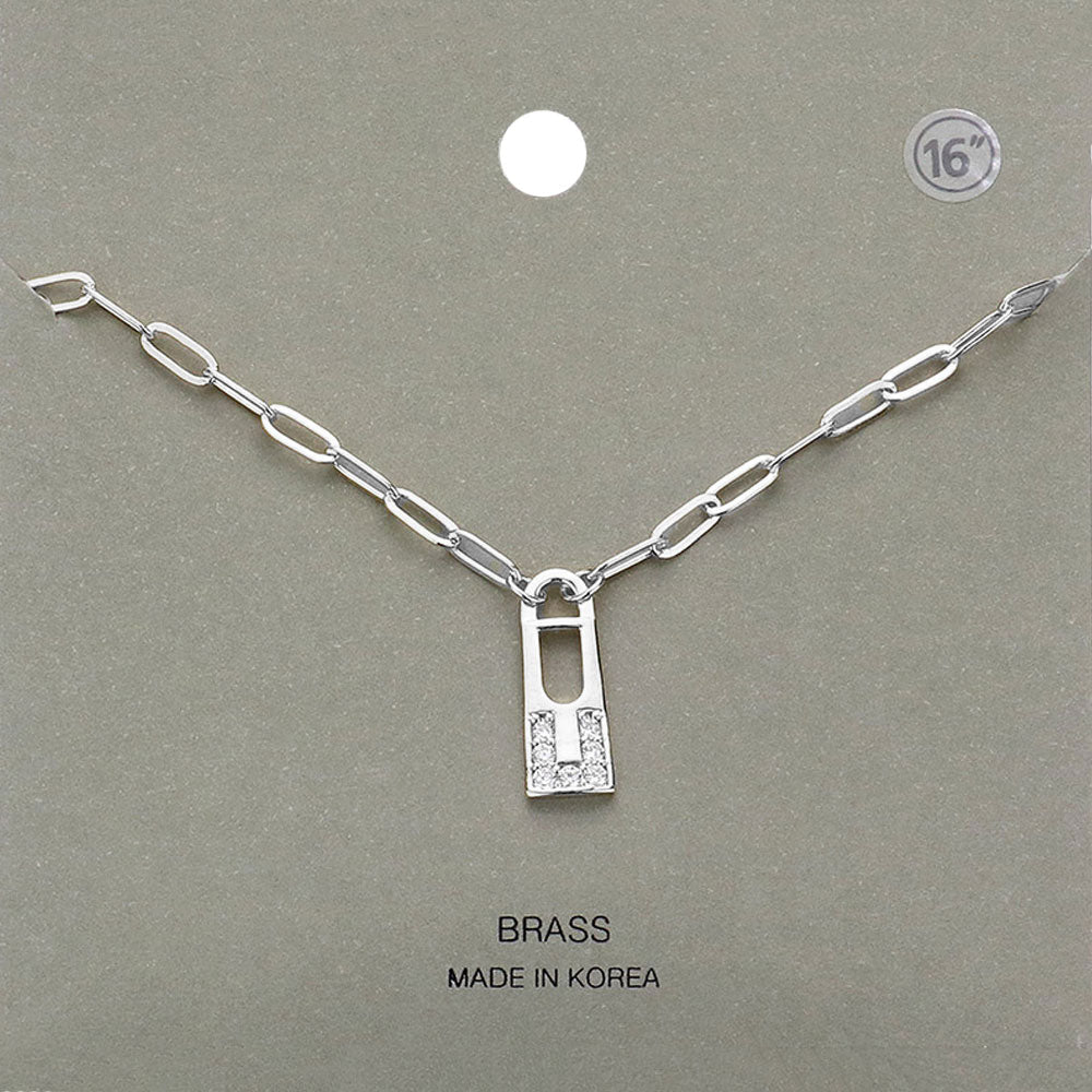 Brass Metal Stone Paved Lock Pendant Necklace
