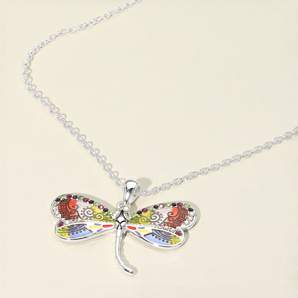 Antique Metal Enamel Dragonfly Pendant Necklace