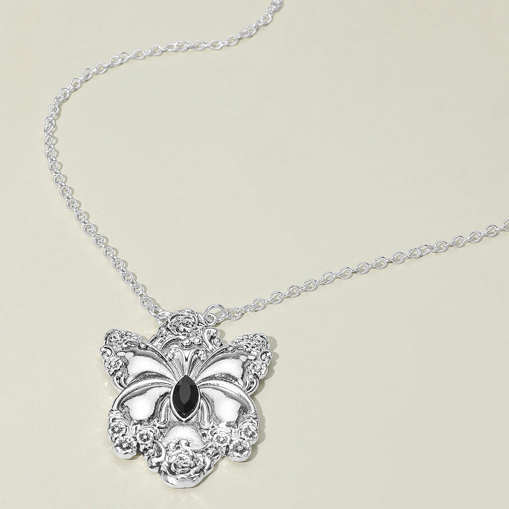 Marquise Stone Accent Antique Metal Butterfly Pendant Necklace
