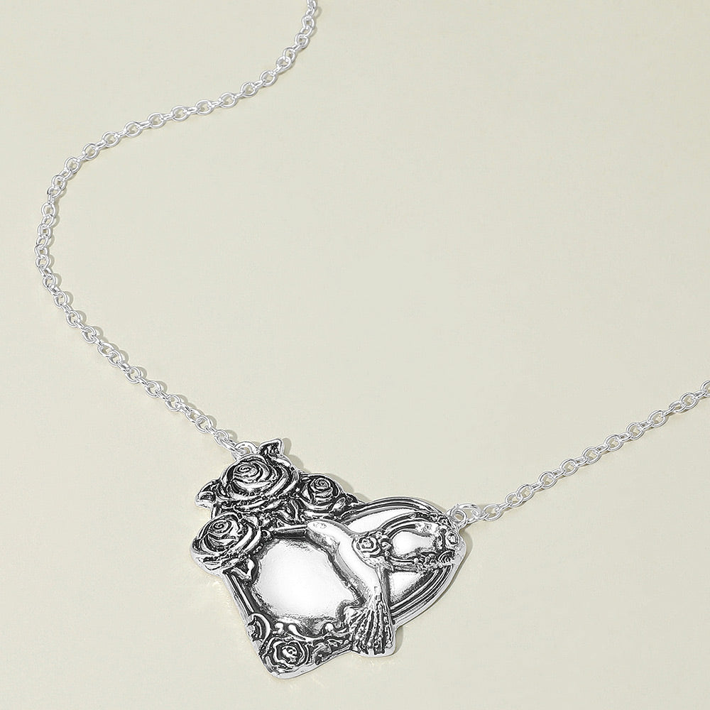 Antique Metal Rose Embossed Heart Pendant Necklace