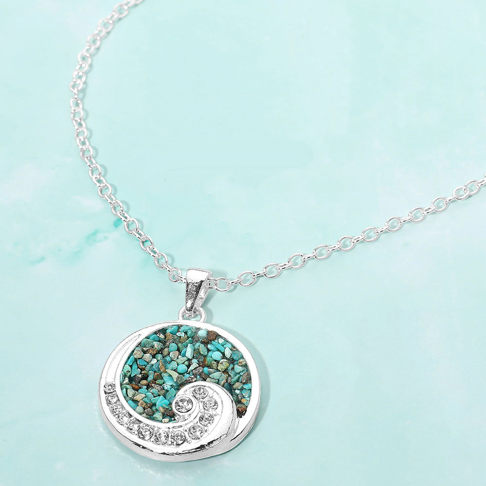 Crushed Pebble Swirl Wave Round Pendant Necklace