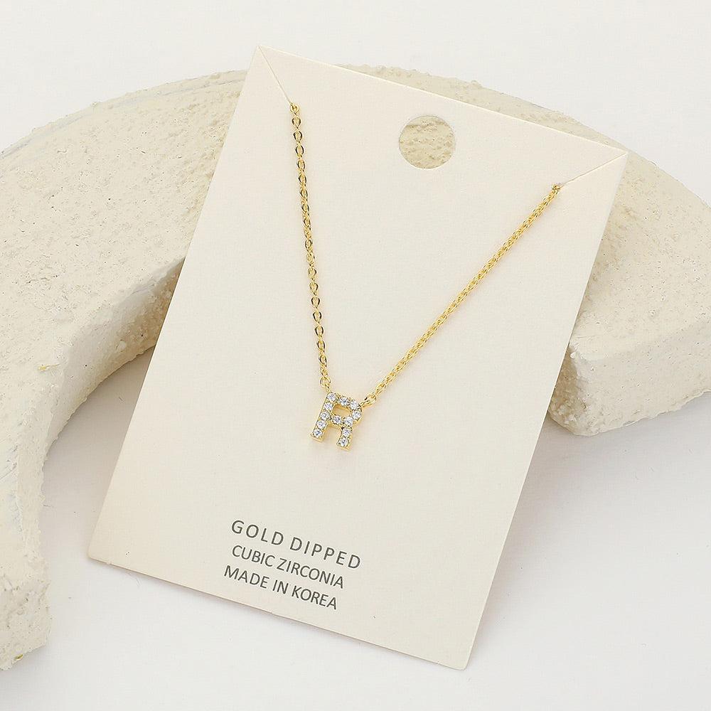 -R- CZ Stone Paved Initial Monogram Pendant Necklace