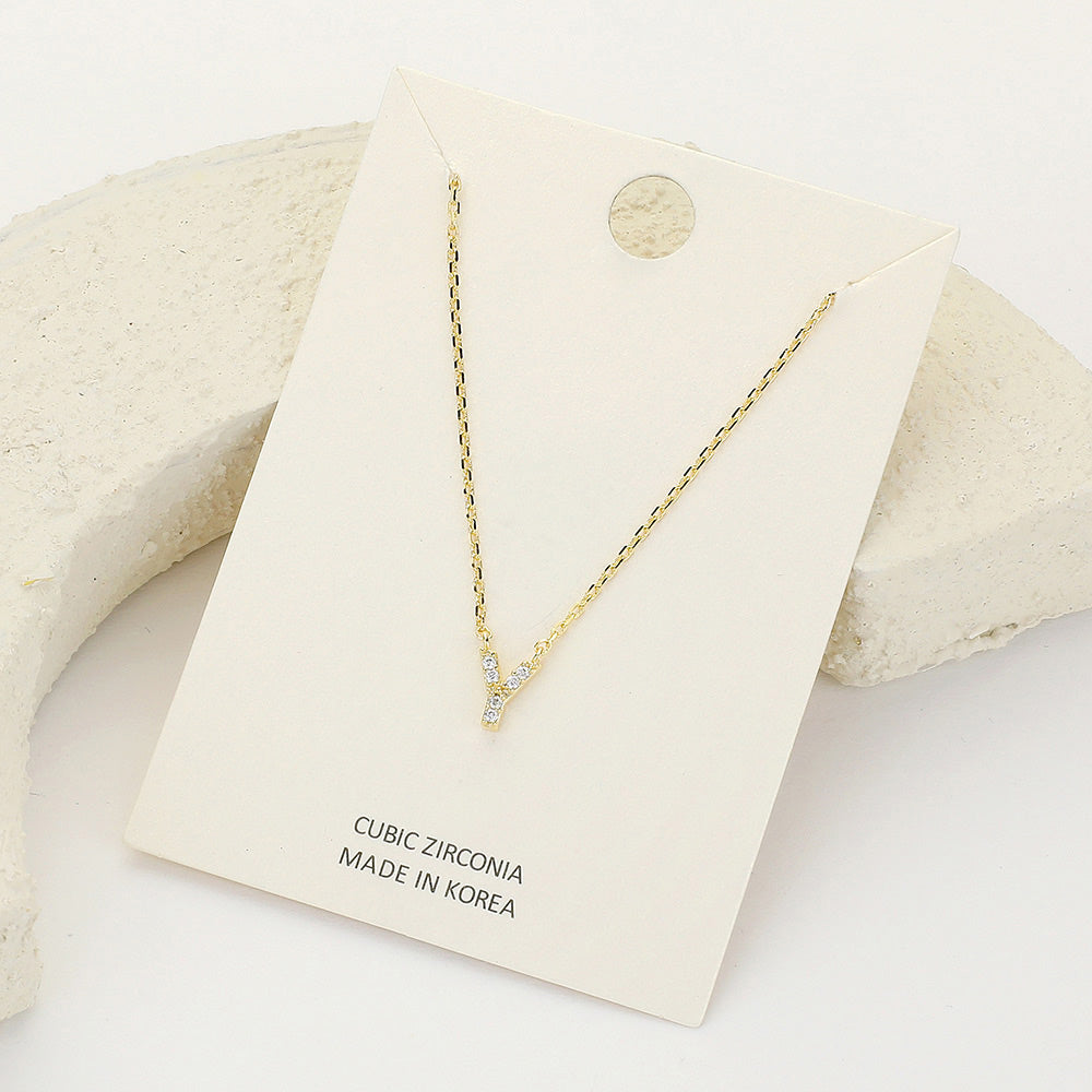 -Y- CZ Stone Paved Initial Monogram Pendant Necklace