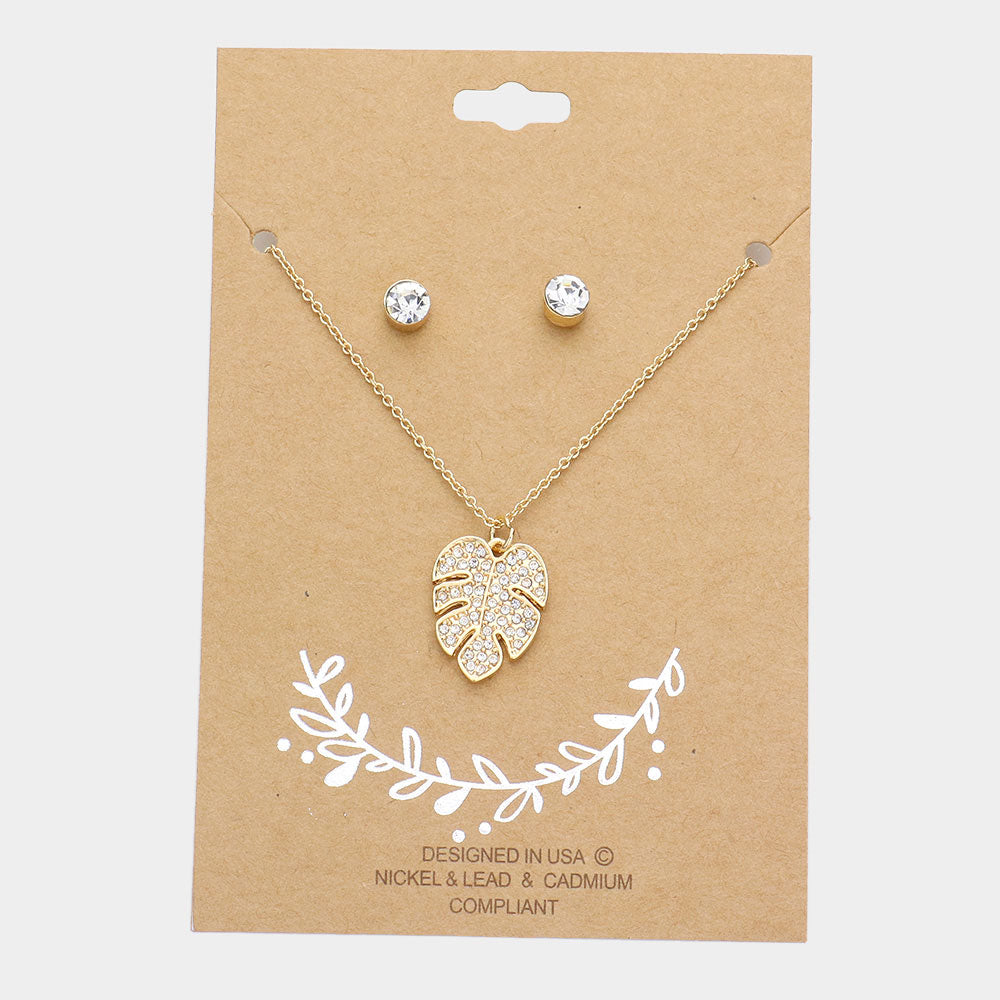 Rhinestone Embellished Tropical Leaf Pendant Necklace
