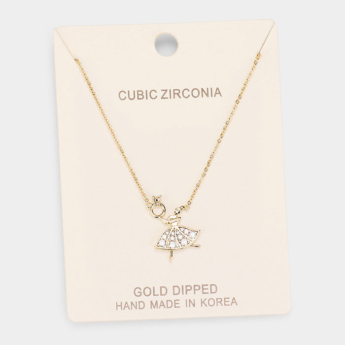 Gold Dipped Cubic Zirconia Ballerina Pendant Necklace