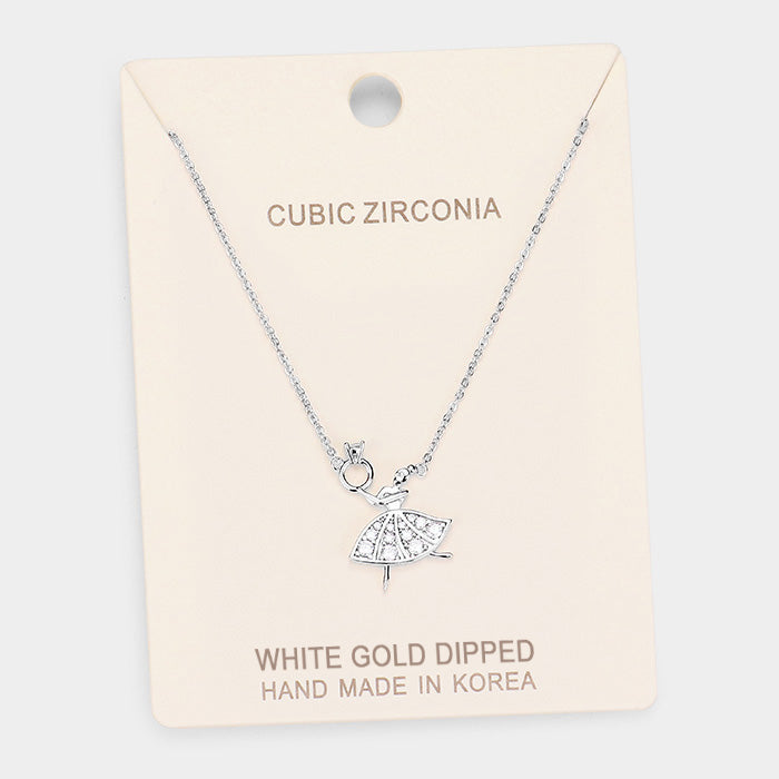 White Gold Dipped Cubic Zirconia Ballerina Pendant Necklace