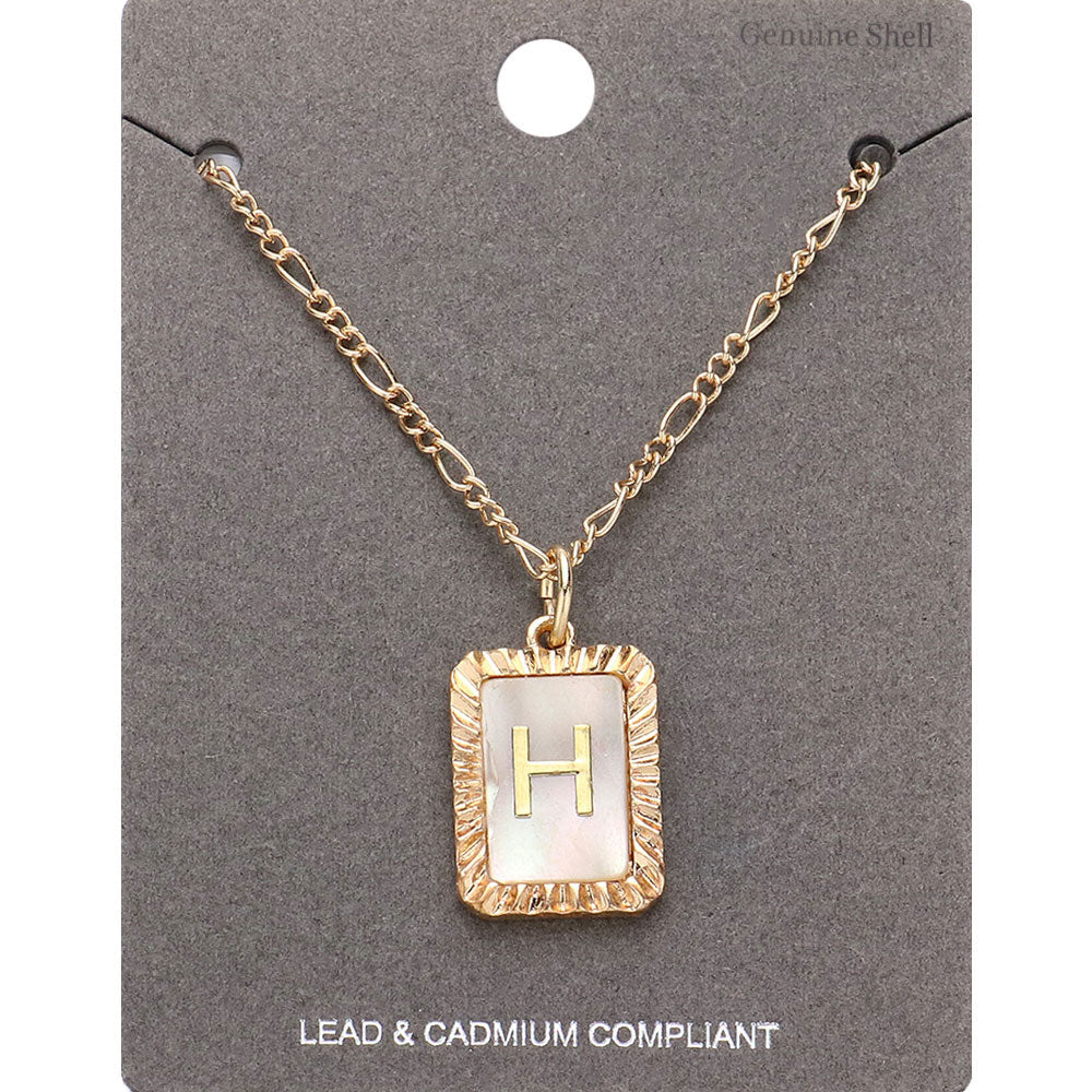 -H- Initial Monogram Genuine Shell Rectangle Pendant Necklace
