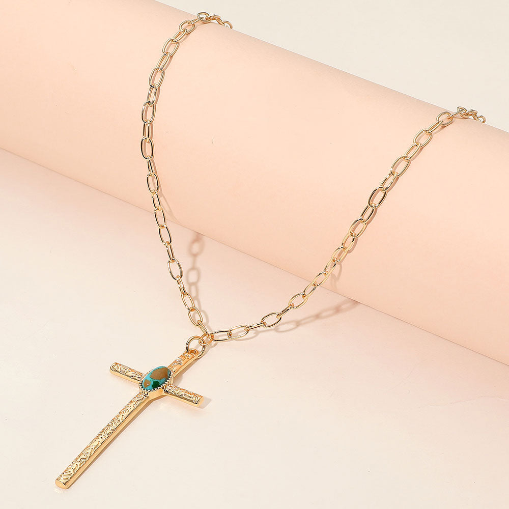 Boho Oval Stone Accent Cross Pendant Necklace