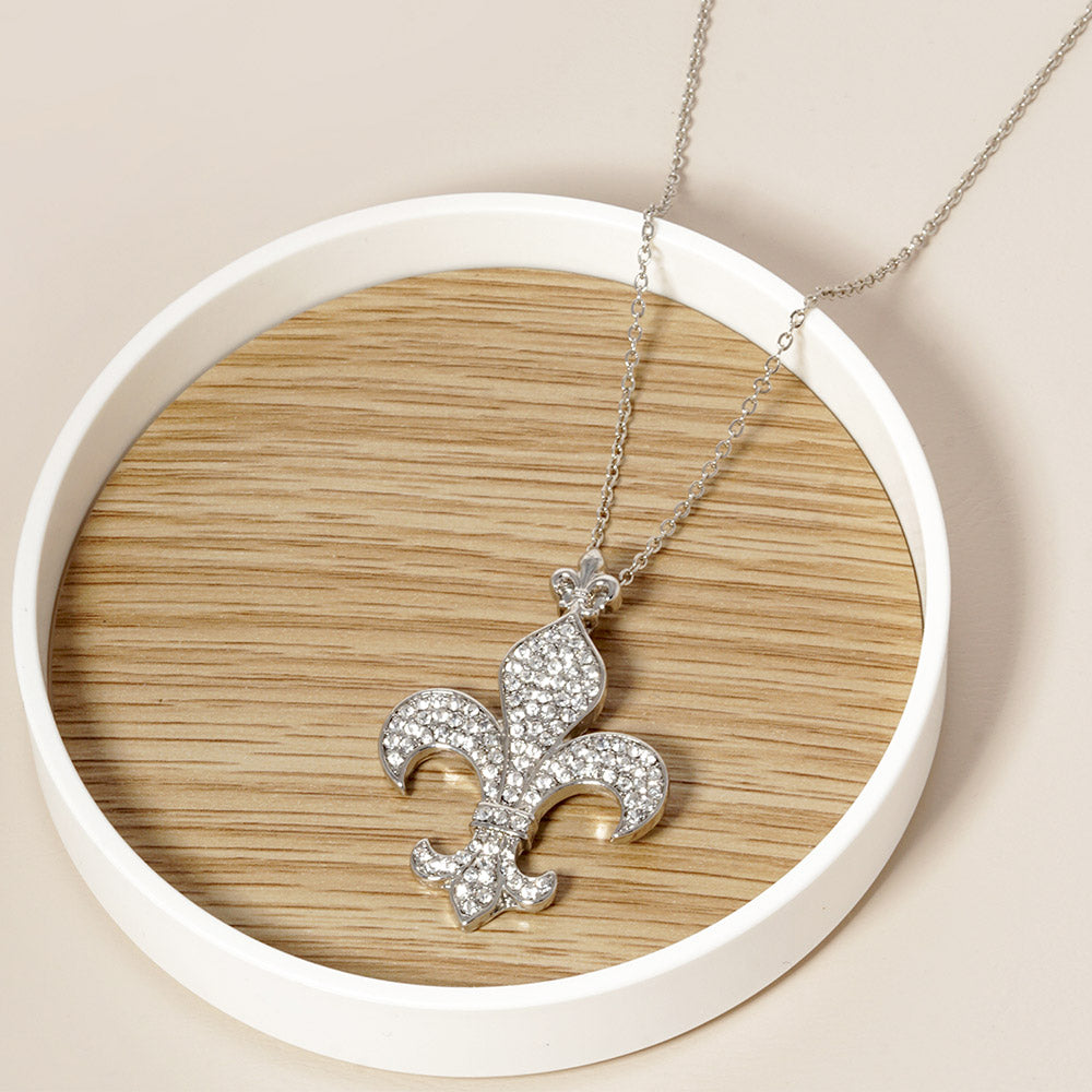 Stone Paved Fleur de Lis Pendant Necklace