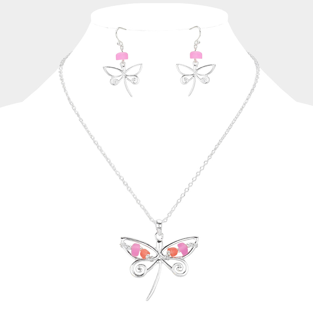Bean Beads Accented Metal Wire Dragonfly Turtle Pendant Necklace
