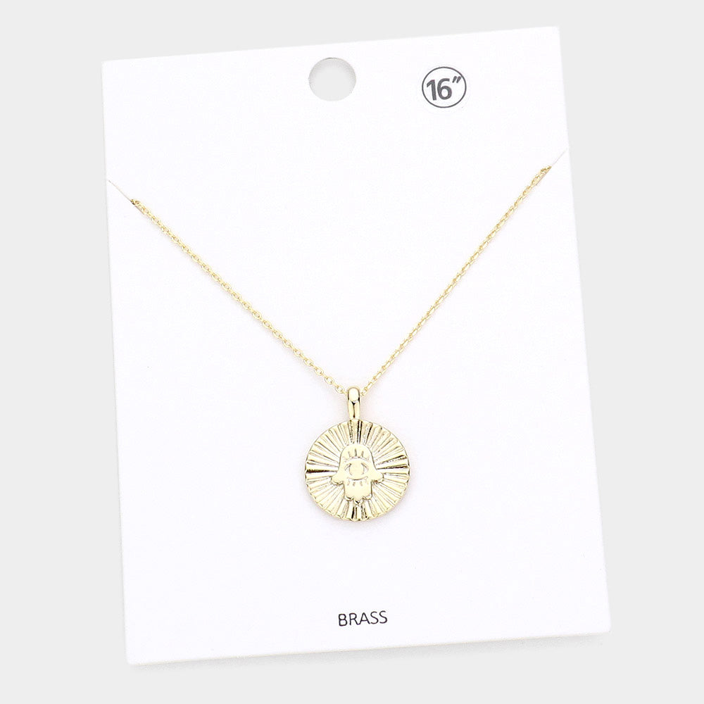 Hamsa Hand Evil Eye Accented Textured Brass Metal Round Pendant Necklace