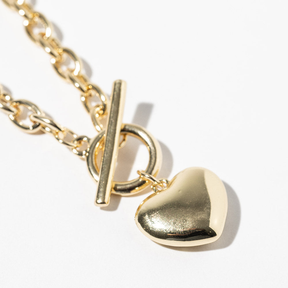 Gold Dipped Chunky Chain Puffy Heart Toggle Pendant Necklace