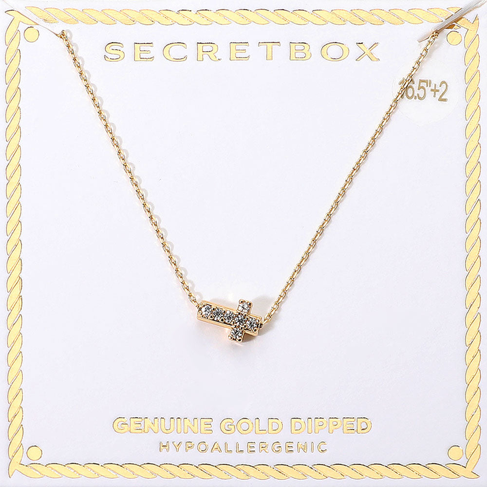 SECRET BOX_Genuine Gold Dipped Hypoallergenic Stone Paved Cross Pendant Necklace