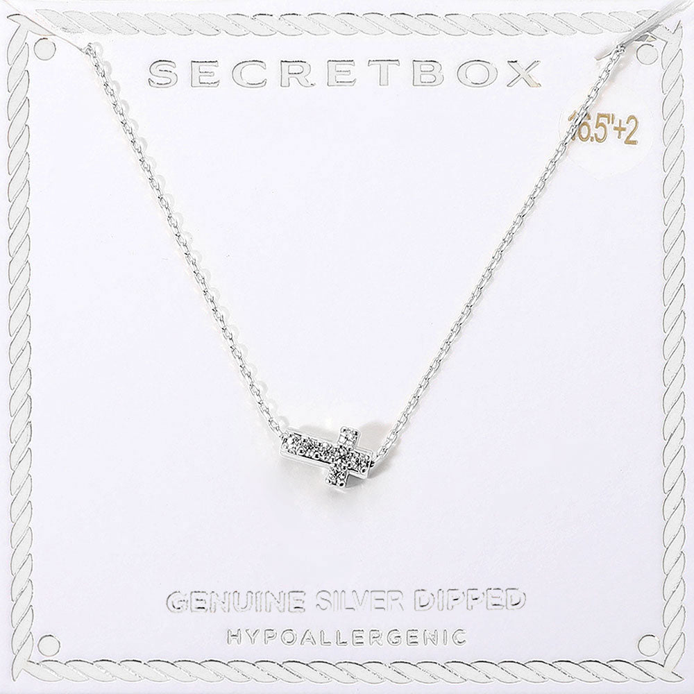 SECRET BOX_Genuine Silver Dipped Hypoallergenic Stone Paved Cross Pendant Necklace