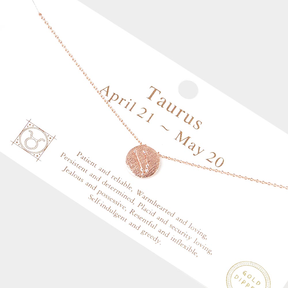 Taurus Gold Dipped CZ Zodiac Sign Metal Disc Pendant Necklace
