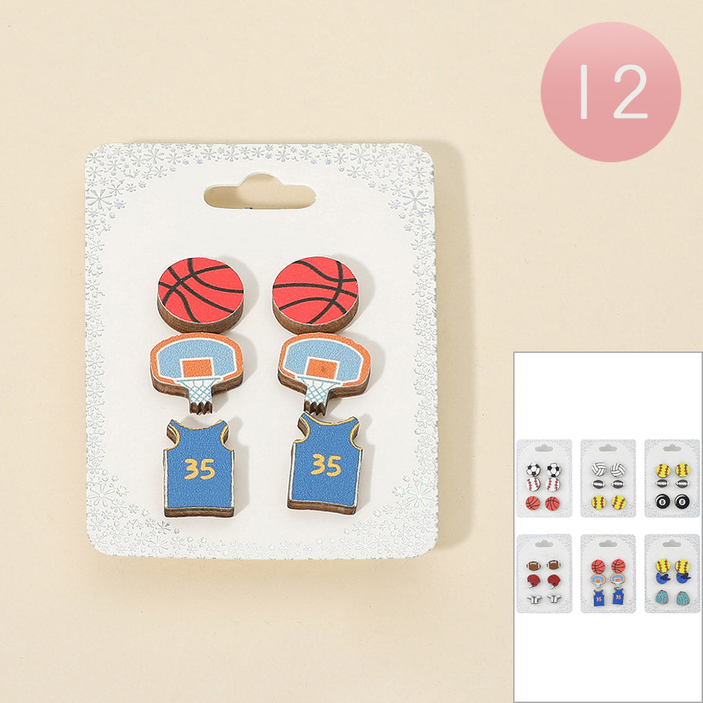 12 SET OF 3 - Sports Theme Stud Earring Set