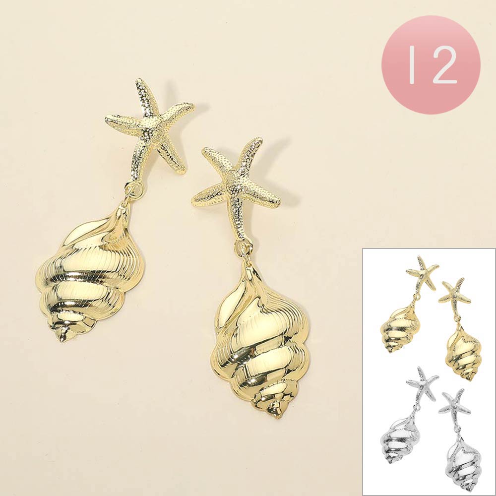 12Pairs - Metal Starfish Accent Shell Drop Earrings
